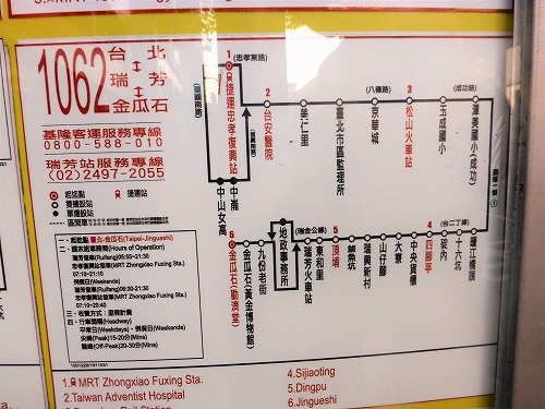 九份へ向かう台北の1062番バスの路線図